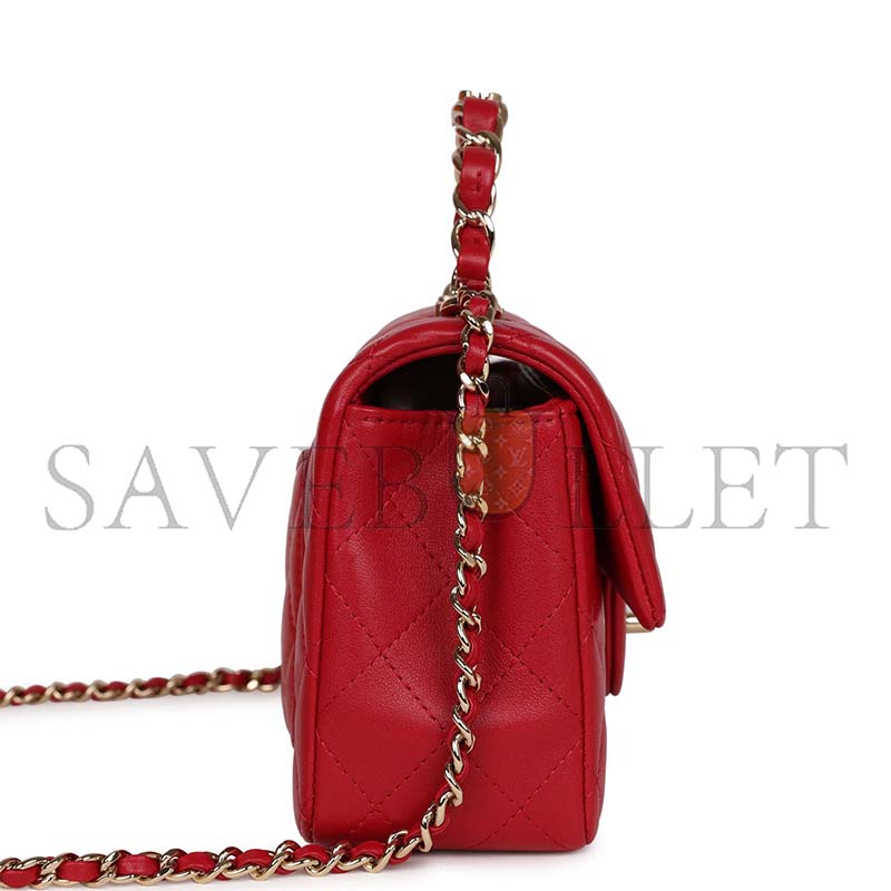 Ch**el mini rectangular flap with top handle red lambskin light gold hardware (20*12*6cm)